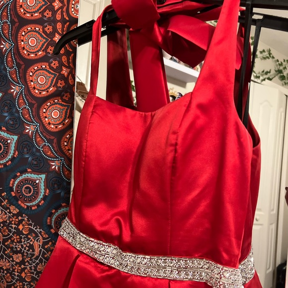A-Line Halter Red Satin Rhinestone Waist Prom Dress - Picture 2 of 5